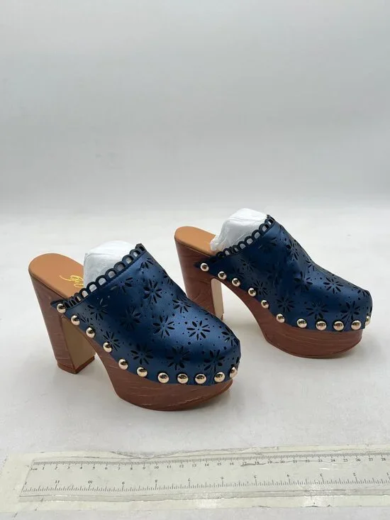 FOWT Blue Studded Round Toe Floral Cut Out Platform Mules Chunky Heel Sandals - Picture 4 of 8